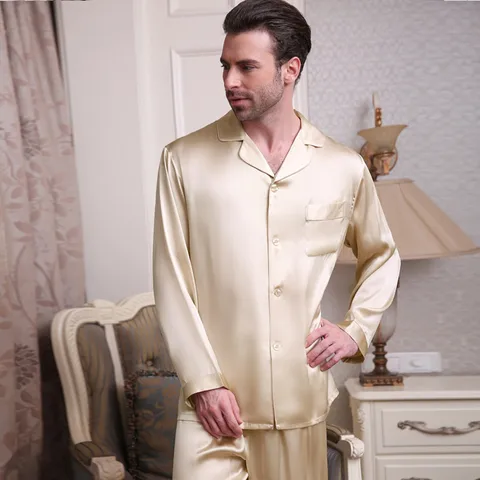 Пижама из натурального шелка, мужские весенне-летние брюки с длинным рукавом, пижамные комплекты из двух предметов, шелковая мужская одежда для сна из 100% шелка, T9002