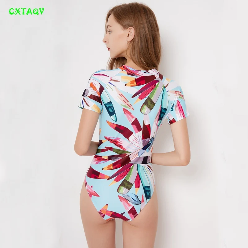 Новый Рашгард с Одна деталь купальника Рубашка короткими рукавами на молнии