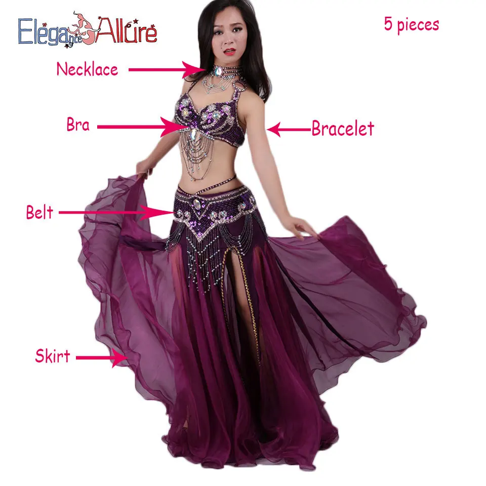 Purple 5pcs E&A 5 шт. Набор для танца живота бюстгальтер юбка ожерелье браслет пояс наборы танец живота Болливуд костюм для женщин женское платье для сцены - Цвет: Purple 5pcs