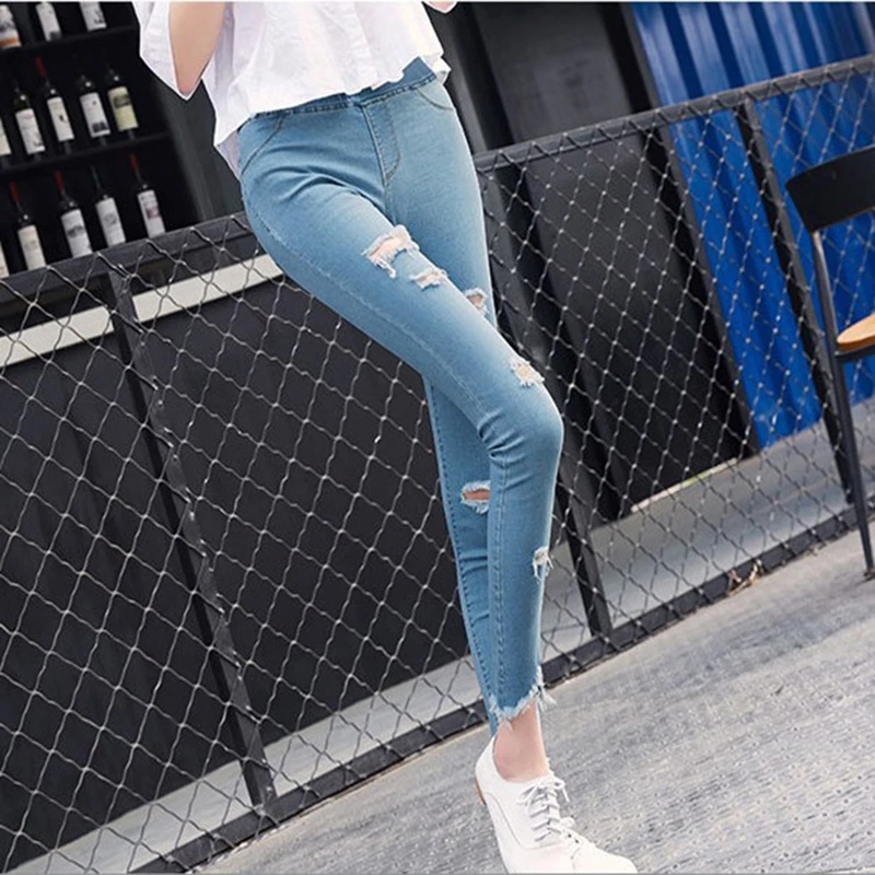 

Women Jeans Mid-Waist High Elastic Holes Sexy Casual Style Skinny Slim Pencil Denim Pants Fashion Leggings Female Cothing