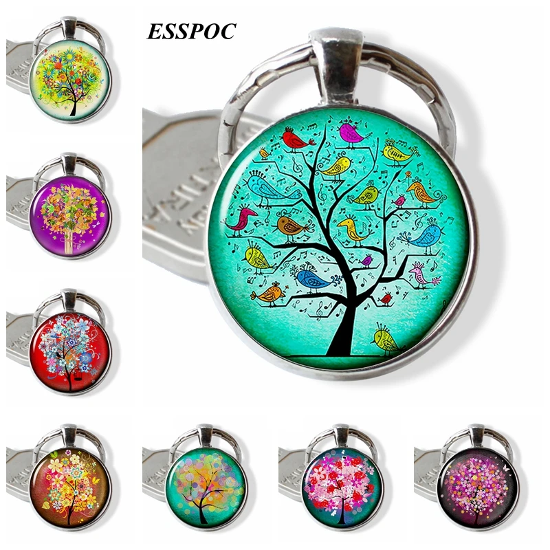 Мультяшный брелок с птицами и деревом стеклянный кабошон металлический Дерево