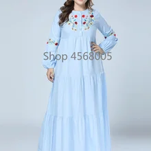 Дубай Абаи одеяние Вышивка Длинные платья Синий Макси женские