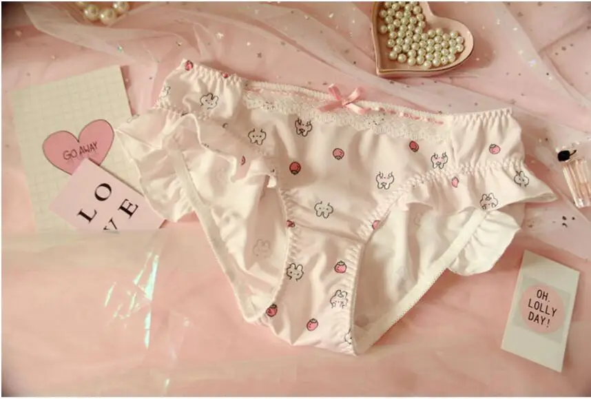 Pink Rabbit Милые японские трусики Лолиты из молочного шелка в сетку, кружевные трусики с оборками и бантиком, женское нижнее белье с принтом в виде сердца кролика, 3 цвета - Цвет: Pink Rabbit