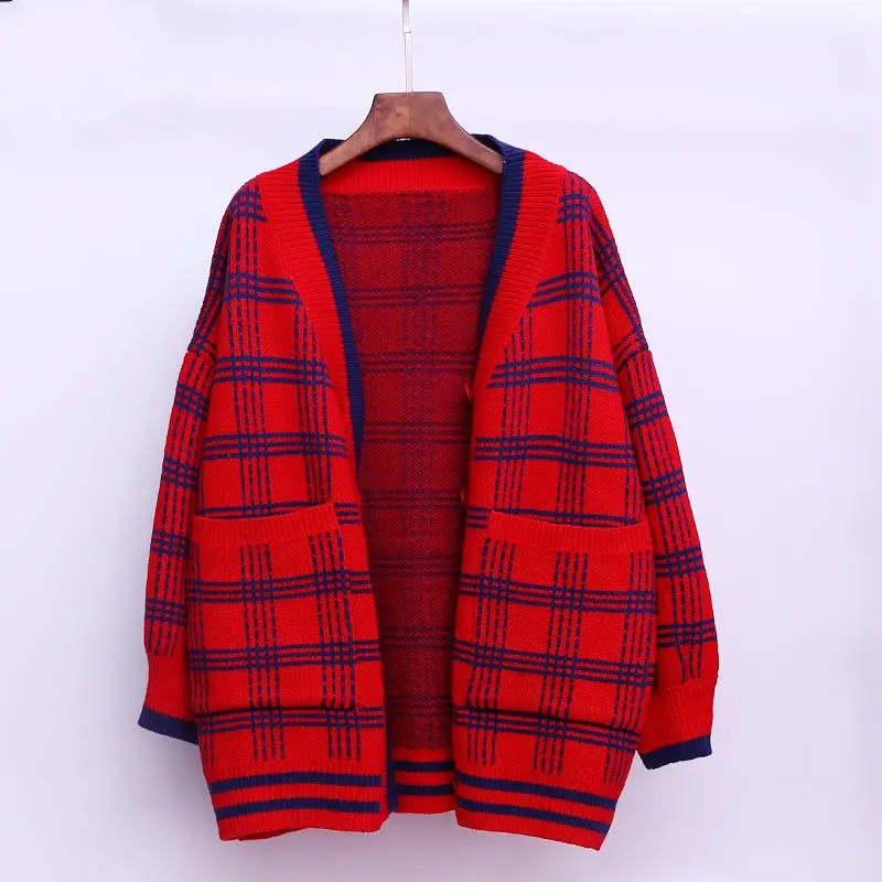 Spring and Autumn 2019 New Women's V-neck Plaid Sweater Korean Loose Long-sleeved Small Fresh Cardigans YP133 |
