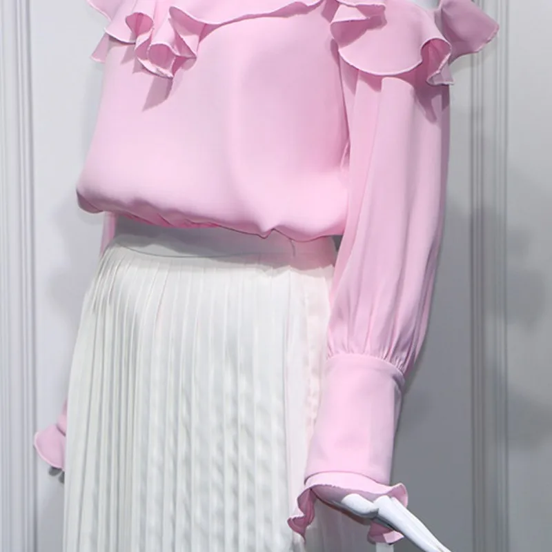 

Office Ladies Women Spring Two Piece Skirts Sets Long Sleeve Off The Shoulder Ruffles Shirts Elastic Waist White Pleated Skirts