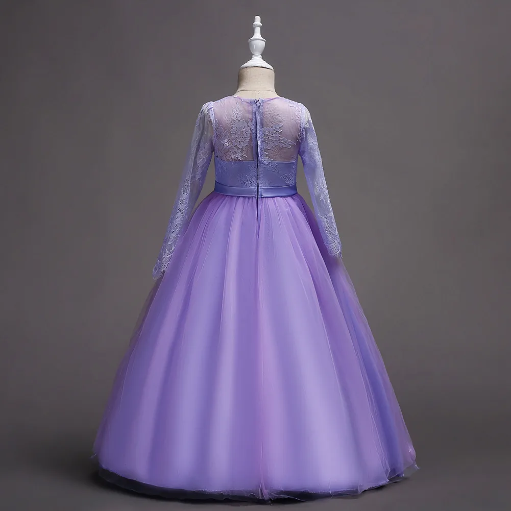 Детское кружевное платье с длинным рукавом цветочным принтом лавандовое