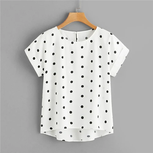 Белый Dotfashion/Женская блузка в горошек с вырезом-лодочкой на спине, летняя повседневная одежда с коротким рукавом, модные женские топы и блузки - Цвет: Белый