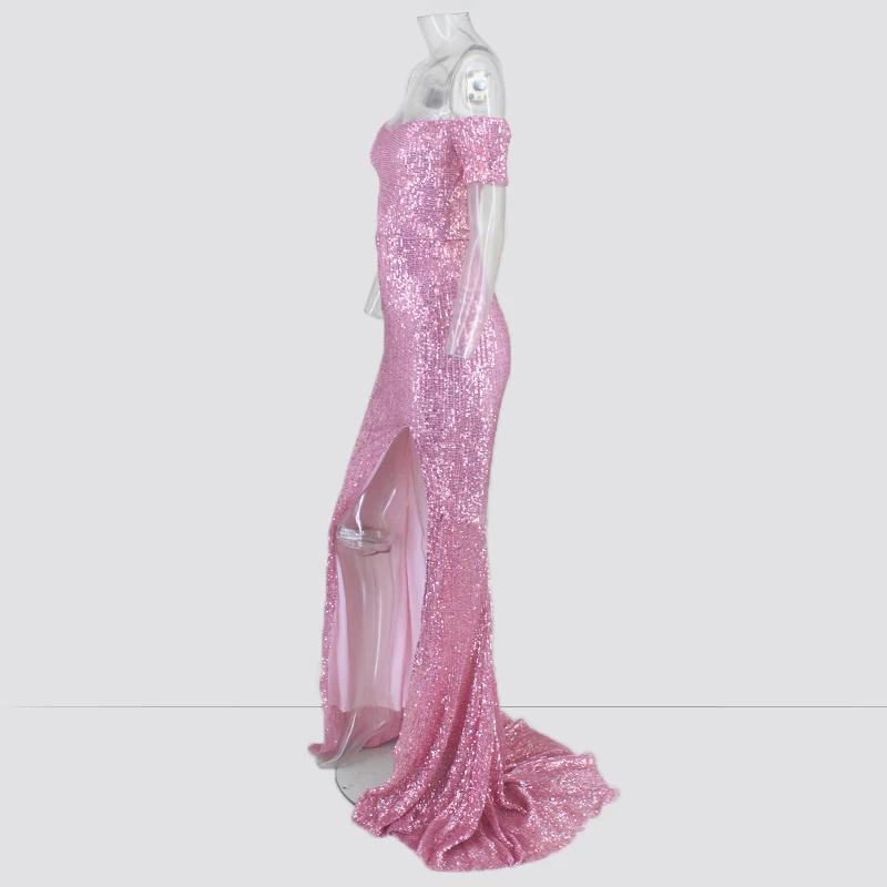 POFASH ночной клуб платье Элегантное Женское Платье Vestidos De Festa женские сексуальные платья розовые блестки длинное вечернее Макси-платье