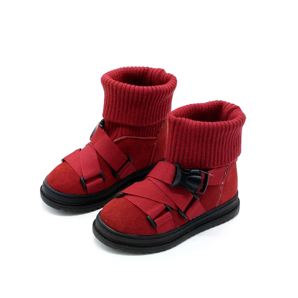 2016 Осень Зима Дети Пряжки Мартин Сапоги Вязаный Носок Натуральная Кожа Мальчики