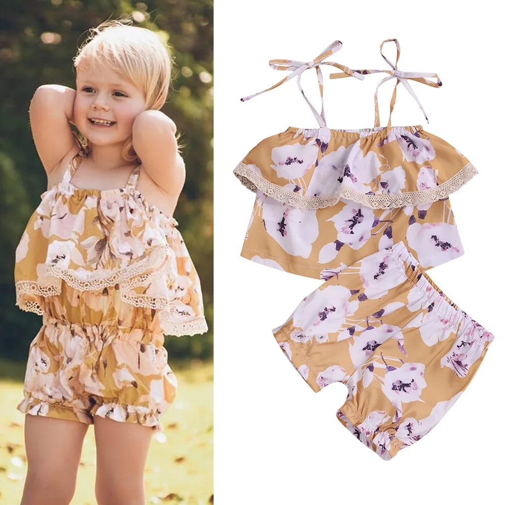 Одежда с цветочным принтом для маленьких девочек жилет открытыми плечами топы +