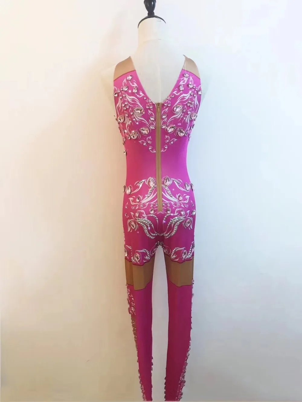 Women New Pink Rhinestone Sexy Jumpsuit Stretch Costume Crystals Stone Sparkling Bodysuit Singer Dance Performance Party Wear |