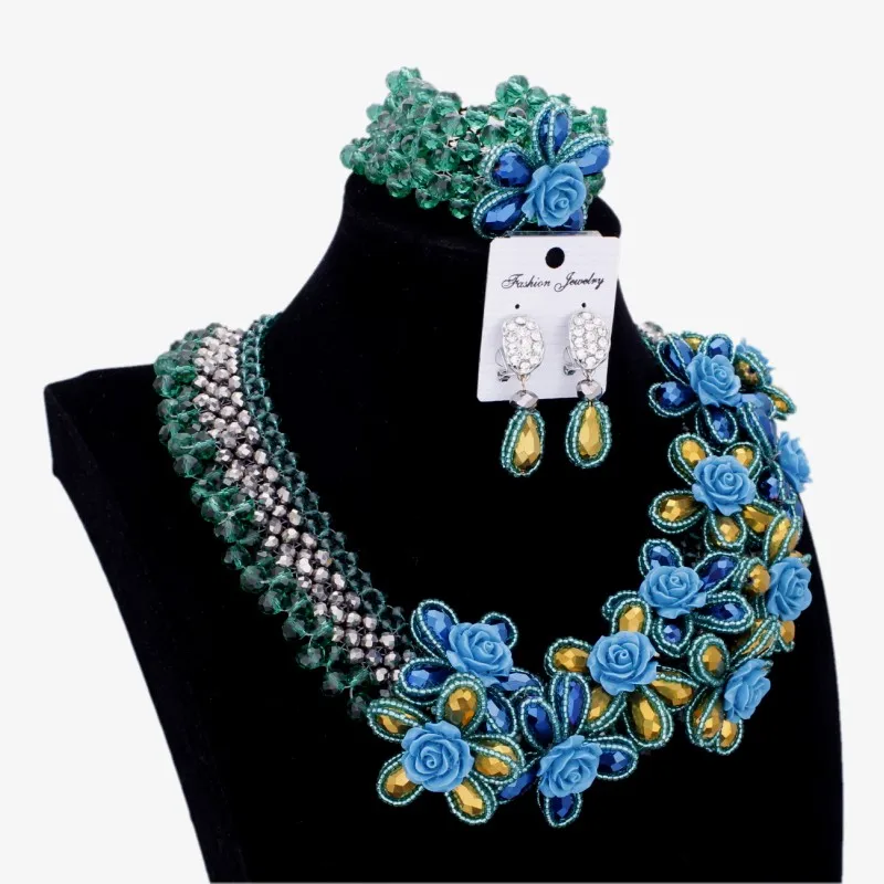 Blue and Teal Green Шикарный нигерийский Свадебный обруч с кулоном и Серьги Дубай роскошный набор золотого ожерелья фуксия ювелирный набор в африканском стиле ручной набор бусин - Окраска металла: Blue and Teal Green