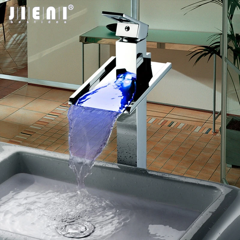 

JIENI Chrome LED Tall Basin Faucet Water Tap Bathroom Sink Mixer Waterfall Vanity Vessel Sinks Mixers Taps Faucets