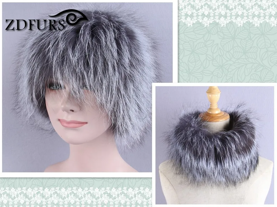 ZDFURS* зимняя женская Меховая повязка на голову из натурального Лисьего меха, шарф, теплый ушной защитный головной убор, шарф, новинка, женские вязаные меховые головные уборы, кольцо - Цвет: silver hat scarf
