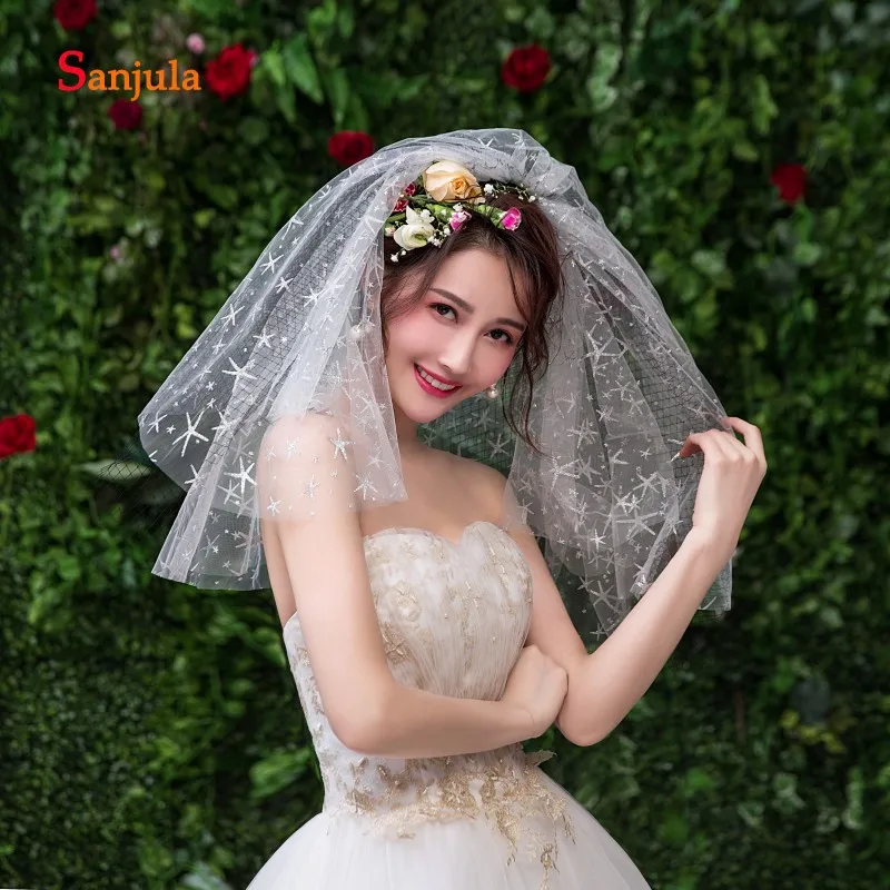 Короткие слои, свадебная фата с ленты морские звезды черный Жесткий Тюль с край фата Для женщин вечерние лицевая вуаль casamento V98