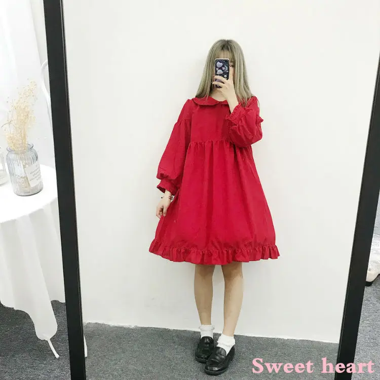 Женское платье в японском стиле Kawaii в стиле Лолиты; однотонные розовые и синие платья; милая втулка в стиле Лолиты для девочек; воротник-кукла с фартуком; юбка дворец