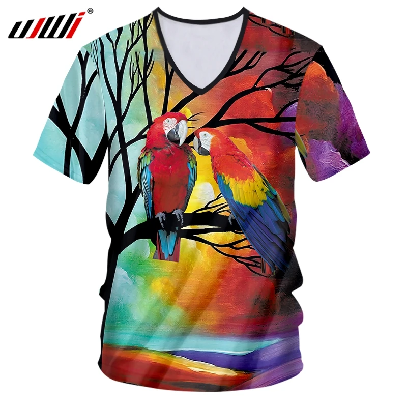 

UJWI T Shirts Men Deep V-neck Short Sleeve 3D Tee Shirt Printing Red Parrot Summer Plus Size 5XL 6XL Spring T-shirt