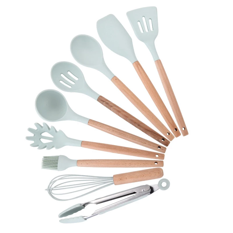GREEN - 9 PCS 13pcs Cooking Tools Set Premium Silicone Kitchen Cooking Utensils Set With Storage Box Turner Tongs Spatula Spoon Turner - Цвет: GREEN - 9 PCS