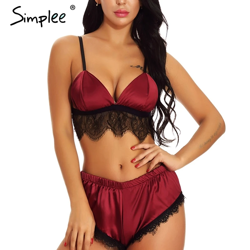 Комплект красного женского нижнего белья Simplee привлекательный шелковый
