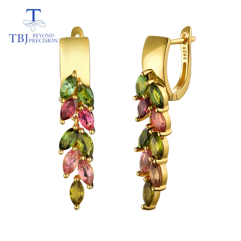 TBJ, красочные 4.2ct натуральные бразильские турмалиновые серьги с застежкой, Настоящее серебро 925 пробы, золото, хорошее ювелирное изделие для женщин, жены, вечерние, хороший подарок