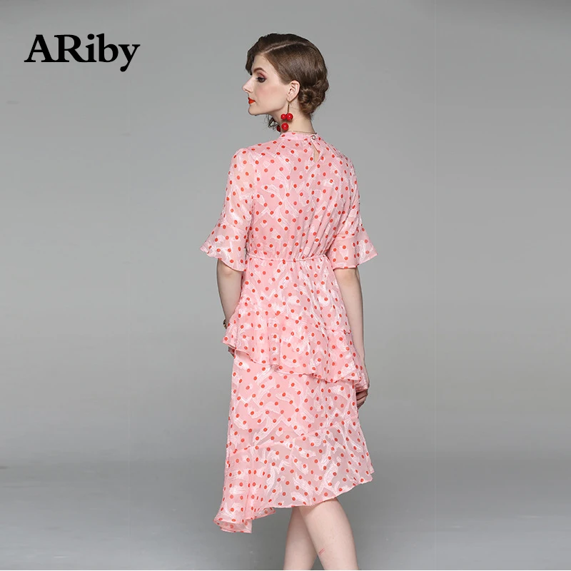 ARiby женское платье Элегантное летнее платье женское французское ретро платье с асимметричным принтом красное платье в горошек с оборками и круглым вырезом по колено