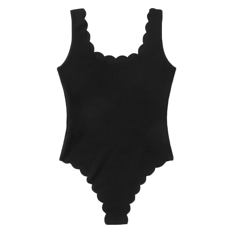 SHEIN Повседневное Одноцветное Модное Боди С Фестонами Сексуальные Женские Летние Боди Без рукавов - Цвет: Черный