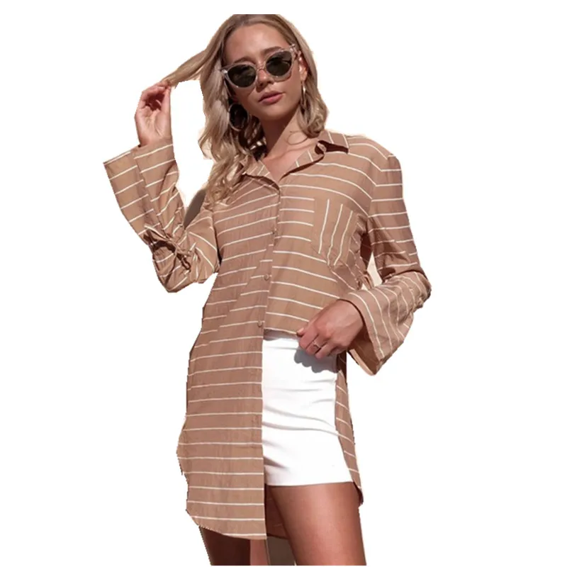 Gladiolus Spring Autumn Long Striped Shirt Women Loose Blouse Flare Sleeve Turn-down Collar Female Top blusas mujer de moda 2018 |