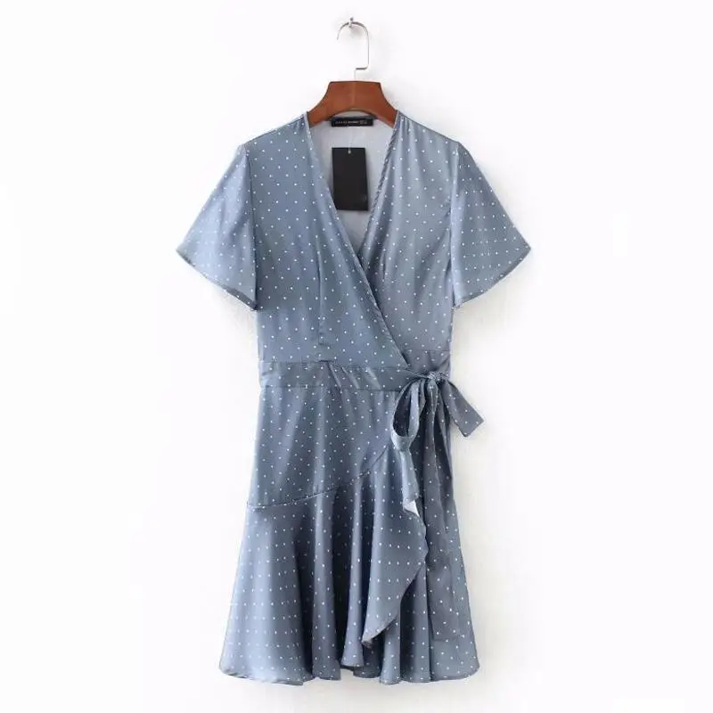 Корейская модная одежда рюшами пляжное платье Элегантный vestidos горошек wrap dress