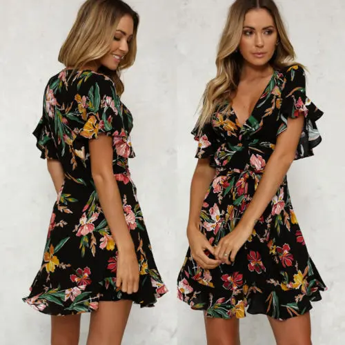 Женское пляжное платье с цветочным принтом BOHO вечерние платья мини коротким