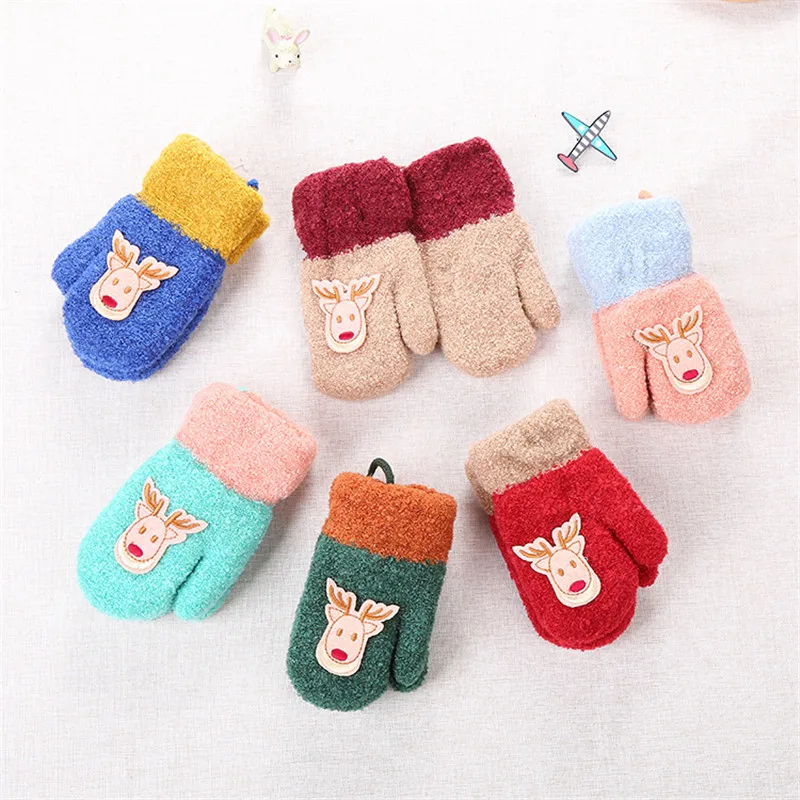 Winter Baby Boy Girl Gloves Cotton Kids Full Finger Cute Cartoon Knitting Solid Infant kids Thicken Warm With Sling | Детская одежда и