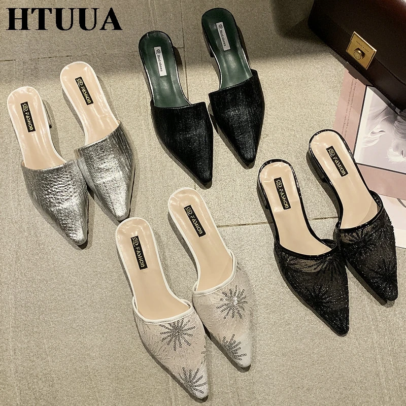 HTUUA/2019 вышитые шлепанцы с дышащей сеткой женские острым носком на маленьком