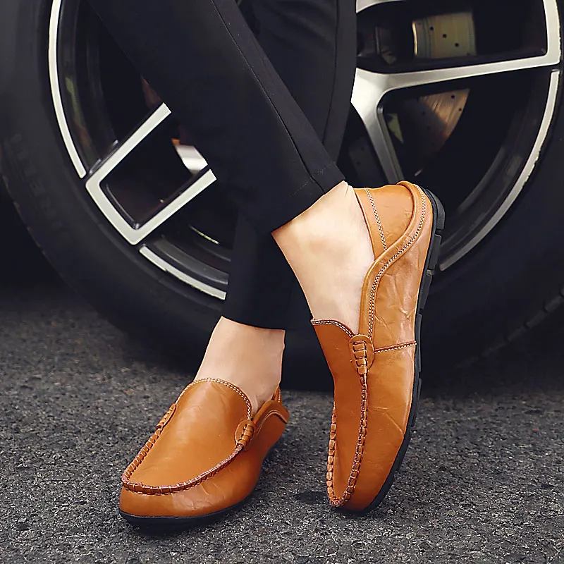 QASDUO winter Slip-on light casual shoes loafers men moccasins genuine leather men's flats black Plus sizes 46 | Обувь