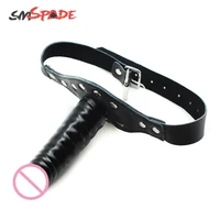 genuine leather dildo gag harness mouth plug sexy adult penis gag with multi function oral fixation mouth stuffed free shipping