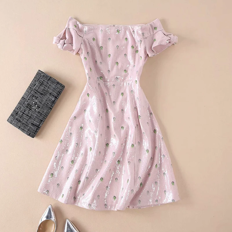 HIGH QUALITY New Fashion 2018 Designer Runway Dress Women's Slash Neck Stylish Sequined |
