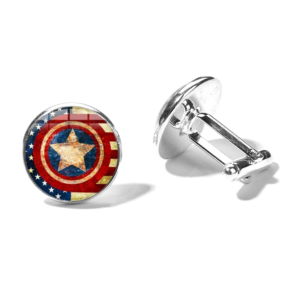 SONGDA Avengers Captain America Shield Cufflinks Superhero Star Shield Retro Pattern Printed Glass Dome Cuff Links Gifts for Men
