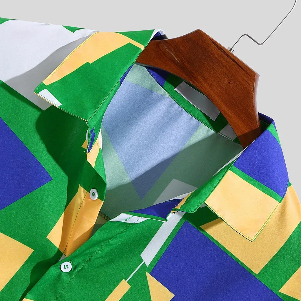 3XL мужские летние рубашки с геометрическим принтом, мужская мода, отложной воротник, короткий рукав, контрастные цвета, свободные топы, одежда
