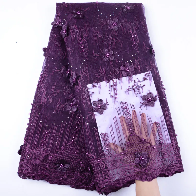 

Фиолетовый цвет, высокое качество, французская кружевная ткань, кружевная ткань, африканская тюль, сетчатая ткань с 3D цветком, для свадьбы, ...