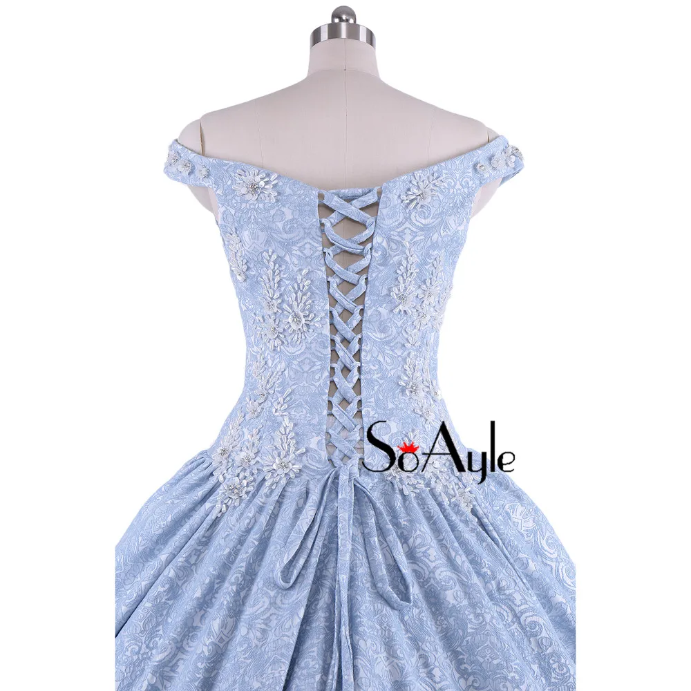 

SoAyle Ball Gown Off the Shoulder Lace Blue Pearls Beading Prom Dresses Large Long Formal Gowns Lace Up Back Luxury 2018 Dress