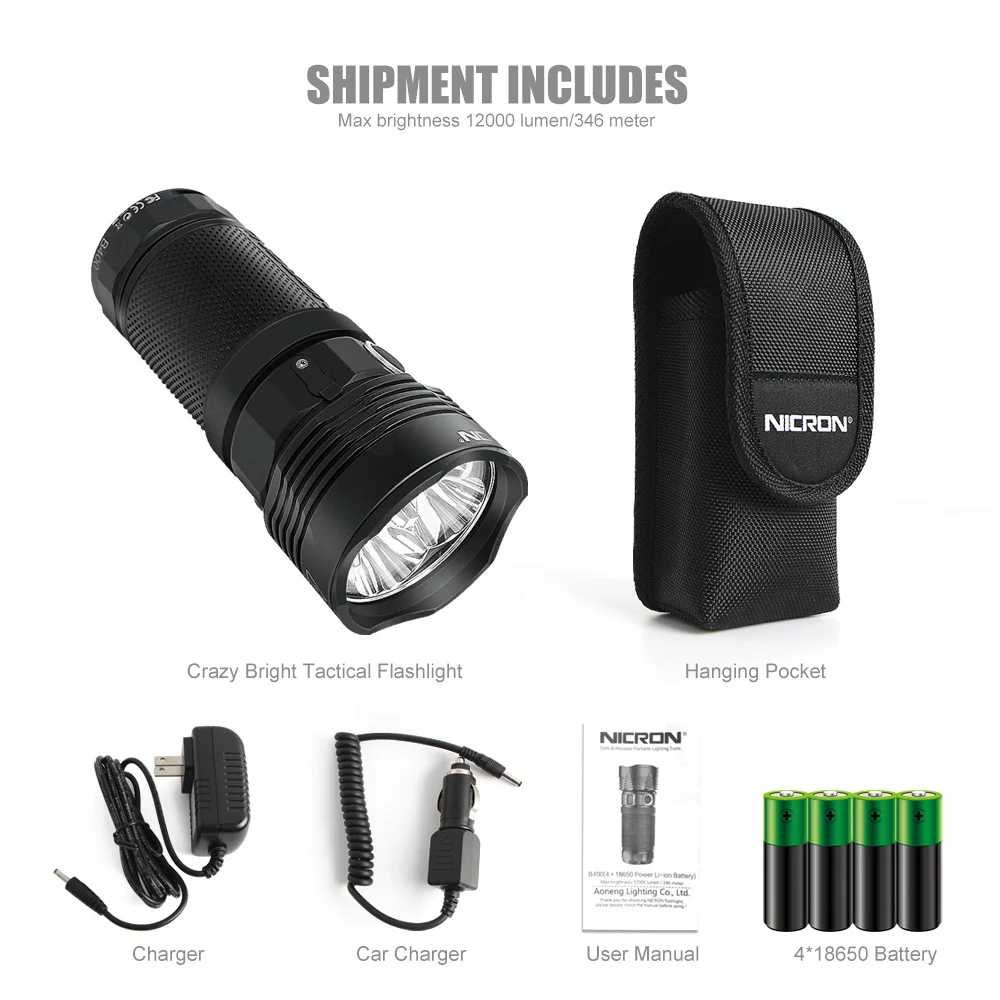 NICRON крари яркий тактический фонарик 18650 Батарея 12 000LM 346 м 30 000CD 29 Вт