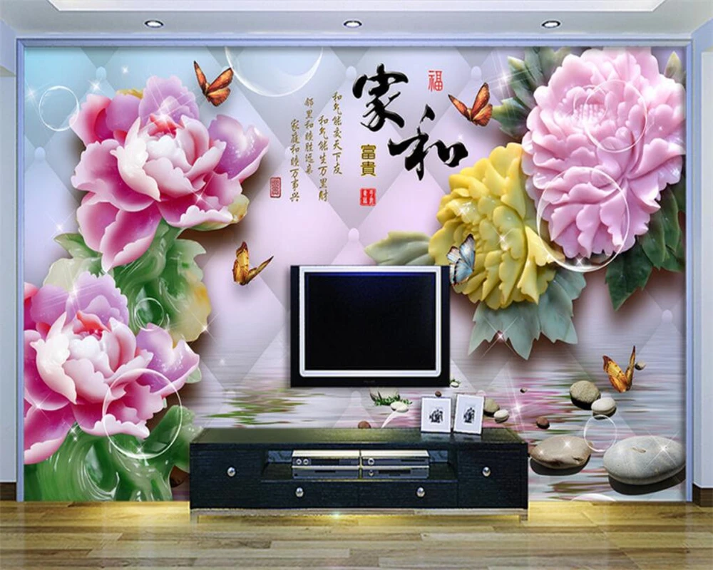 

Beibehang Customize any size 3D wallpaper jade carving reflection peony living room TV wall decoration wallpaper for walls 3 d
