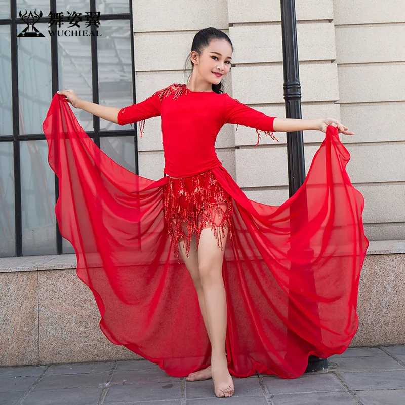 

Dance Wing Children's Belly Dance Skirt Practice Suit 2018 New Autumn and Winter Tassel Skirt Practice Suite RT303