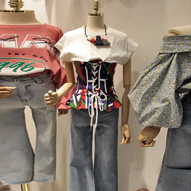 Южная Корея 2018 летние ремни талии шить с короткими рукавами футболка женская