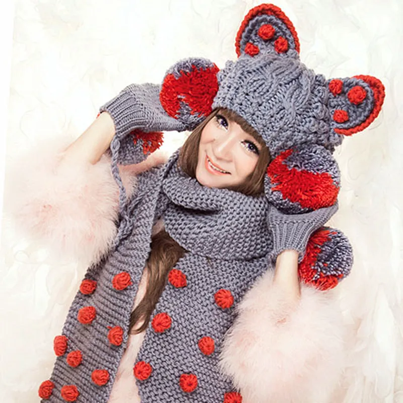 BomHCS шарф перчатки ручной работы Шапочка с кошачьими ушами и большой помпон