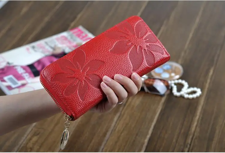 100%Genuine Leather PINK Floral Women Wallets Red Large Zipper Long Wallet Flower Phone Pouch Female Purses | Багаж и сумки