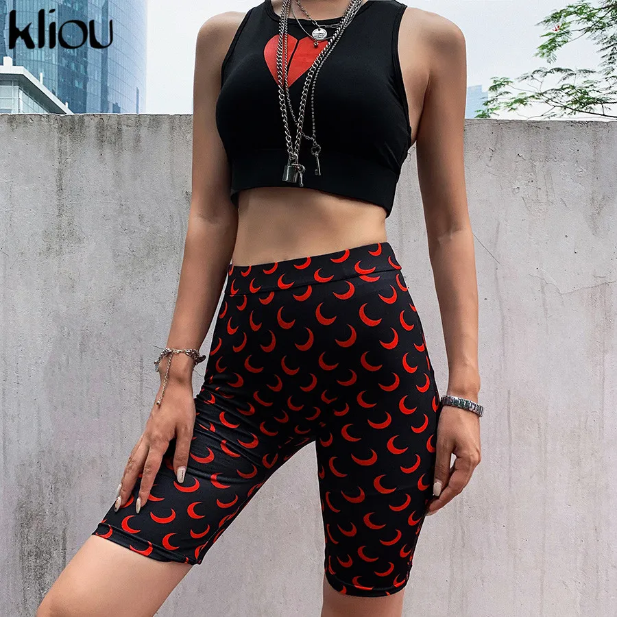 Kliou women skinny shorts elastic high waist fitness short print trousers summer female casual fashion street short pants