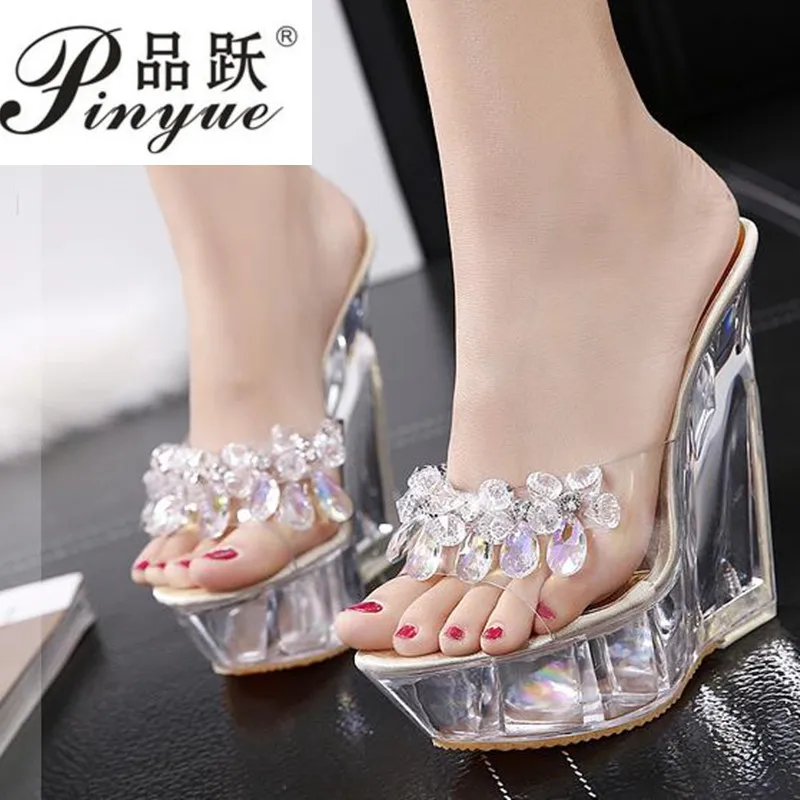 

high 14 cm crystal wedges sandals women waterproof platform 4.5 sexy wild high-heeled transparent slippers
