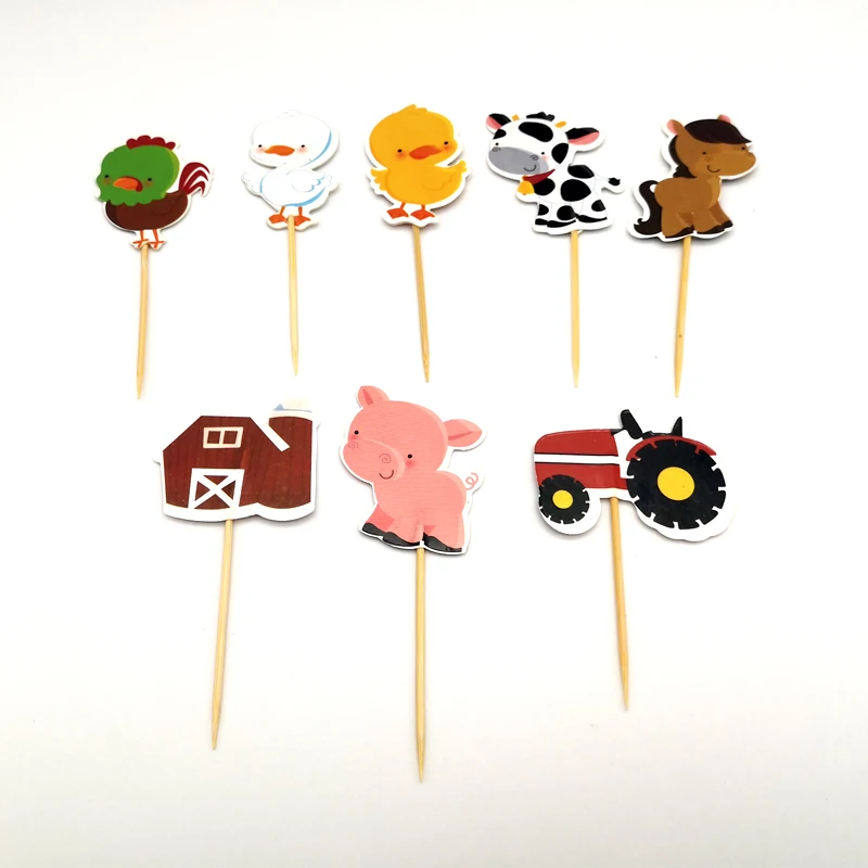 

24pcs/lot Birthday Party Decorate Farm animals Cow Theme Cupcake Toppers with Sticks Baby Shower Boys Kids Favors Cake Topper