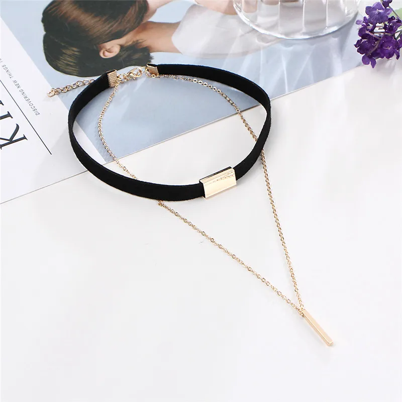 [JIMORE] 2017 Два Слоя PU Leather Choker Модные Сплава Кулон Черный Чокеры Ожерелья для Женщин