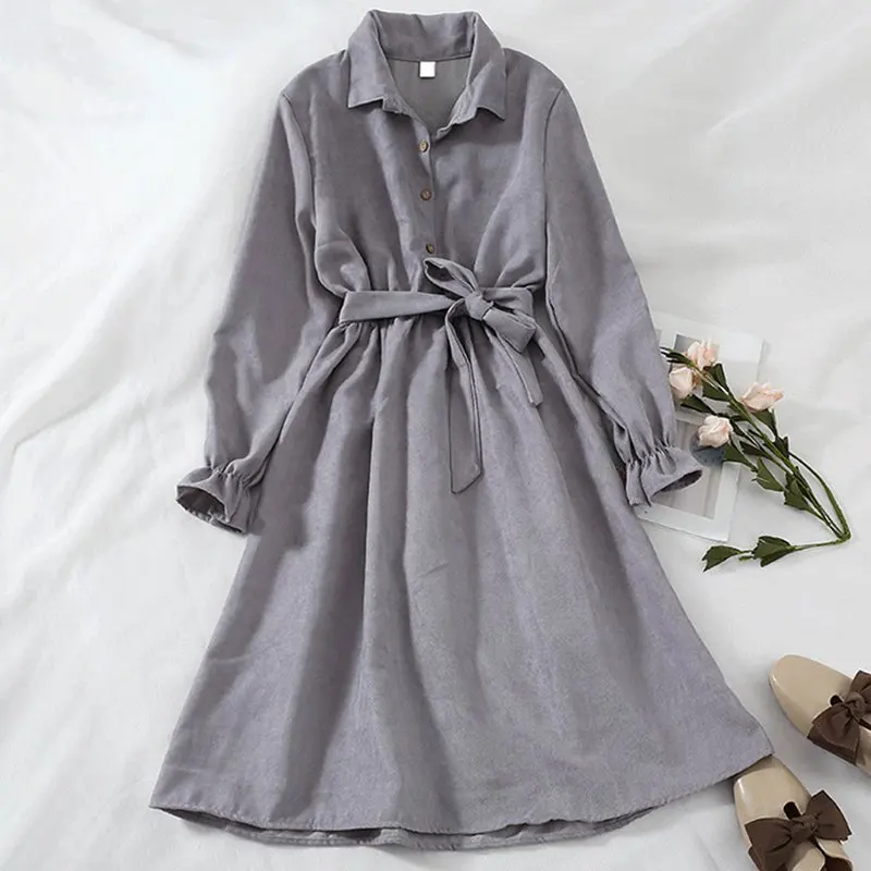 Женское винтажное платье-рубашка с отложным воротником длинными расклешенными