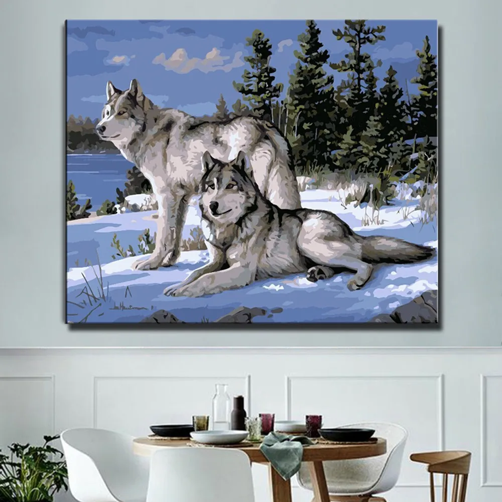 Картина маслом по номерам WEEN Two snow wolves набор на холсте DIY Краска с рамкой домашнее